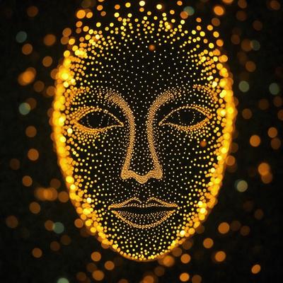 The primary subject of the image is a close-up of a face, specifically a woman's face, with a brightly lit mask on it. The mask is illuminated by a series of lights, creating a visually striking and unique effect. The setting appears to be a dark background, which further emphasizes the brightness of the mask and the face. The visual style of the image is a combination of digital art and illustration, with the use of lighting and shadows to create depth and dimension. The colors and m